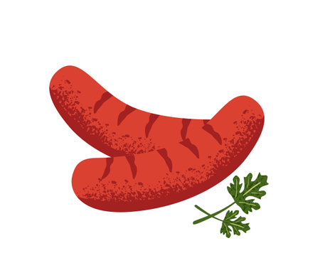 Grilled sausages for hot dog. Roasted bratwursts from pork, beef. Tasty barbecue frankfurters with leaf of parsley. Organic meat, cooked food. Flat isolated vector illustration on white backgroundのイラスト素材