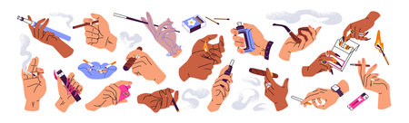 Hands with cigarettes set. People hold different burning cigars, ecigarettes, vapes, smoke pipe. Cig pack, ashtray with stubs, lighters, matches. Flat isolated vector illustrations on white backgroundのイラスト素材