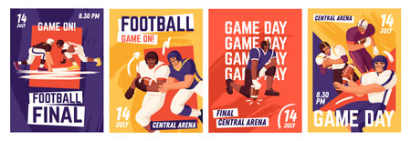 Advertising posters of American football match set. Promotion of sport event. Professional athletes, players in uniform, helmets play rugby. Promo of field game competition. Flat vector illustrationsのイラスト素材