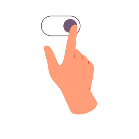 Person flicks right on touchscreen. Tutor of hand gesture for touch screen interface for swipe, slide, switch on or off. Sensor control direction. Flat isolated vector illustration on white backgroundのイラスト素材