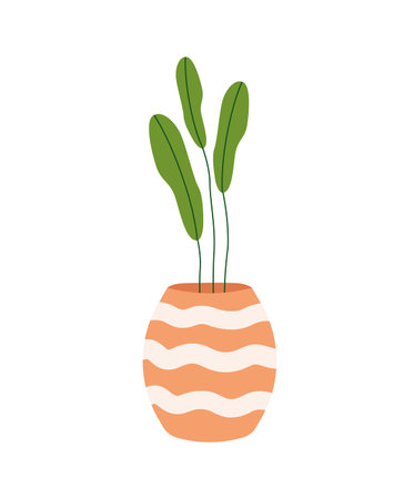 Houseplant in ceramic flowerpot. Home flower with green leaves on stems growing in patterned pot. Plant in clay vase. Floral interior decoration. Flat isolated vector illustration on white backgroundのイラスト素材