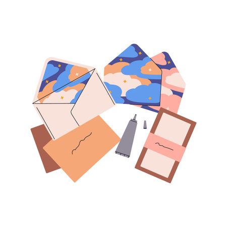 Handcrafted envelopes patterned with sky, clouds. Handmade postcards from paper, glue tube. Craft...