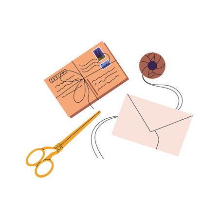 Stack of paper envelopes tied with ribbon. Postal letters with postage stamps, postmarks. Communication by correspondence, mail. Postcrossing. Flat isolated vector illustration on white backgroundのイラスト素材