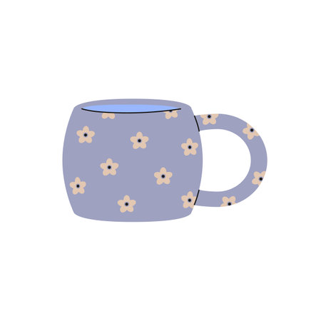Cute gray cup of water with floral pattern. Design of tea, coffee mug decorated with painted small flowers. Ceramic teacup for drinks, beverages. Flat isolated vector illustration on white backgroundのイラスト素材