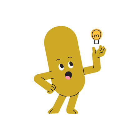 Oval figure thinking new idea, innovation, solution. Cute geometric character with inspiration. Ellipse shape with lamp, light bulb in hand. Flat isolated vector illustration on white backgroundのイラスト素材