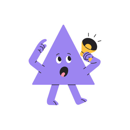 Funny triangle announces with speaker, loudspeaker. Geometric character with megaphone in hand screams. Figure, shape speaks with bullhorn. Flat isolated vector illustration on white backgroundのイラスト素材
