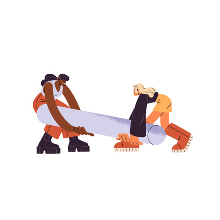Business team works together. Employees lift geometric shape to build connected, create construction in cooperation. Women raise figure, piece in teamwork. Flat isolated vector illustration on whiteのイラスト素材