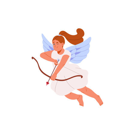 Cute cupid flying in air, aiming with bow. Baby angel shots in hearts with arrows of love. St. Valentines Day concept. Romantic symbol of 14 February. Flat isolated vector illustration on whiteのイラスト素材
