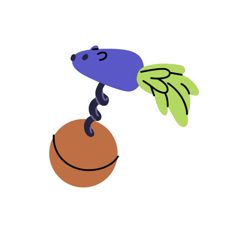 Cat toy with mouse on ball. Supplies for playing with active kitten. Accessory for pets amusement. Playful domestic animals entertainment. Flat isolated vector illustration on white backgroundのイラスト素材