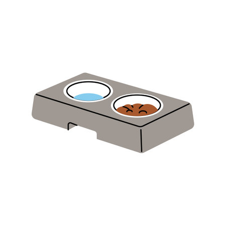 Bowls to drinking water, eating food for cats, dogs. Pet feeder, plates with treats, meals. Supplies to care about domestic animals, feed. Flat isolated vector illustration on white backgroundのイラスト素材