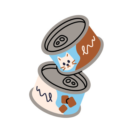 Tin cans of cat food. Metal packagings of wet feed for domestic animals. Eating for dogs, kittens. Products, snacks, goods for pet meals. Flat isolated vector illustration on white backgroundのイラスト素材