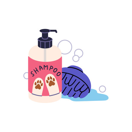 Shampoo with foam to cleaning dogs, cats. Bottle of pet soap with brush for grooming. Lotion to wash, care about hygiene of domestic animals. Flat isolated vector illustration on white backgroundのイラスト素材