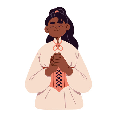 Cute girl in elegant corset with soft smile. Kind young woman with happy emotions, friendly facial expression. Satisfied person folded her hands. Flat isolated vector illustration on white backgroundのイラスト素材