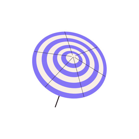 Blue striped umbrella for shade in sunny weather. Patterned sun parasol for beach vacations. Summer accessory for protecting, safe from heat on holidays. Flat isolated vector illustration on whiteのイラスト素材