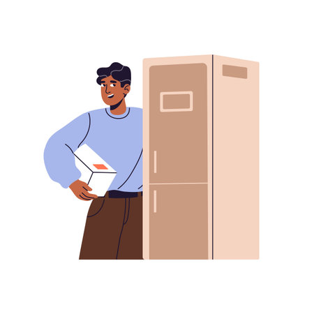 Happy man shopping for home. Customer buys household appliances on sale, discounts in retail store. Buyer with cardboard box of refrigerator. Flat isolated vector illustration on white backgroundのイラスト素材