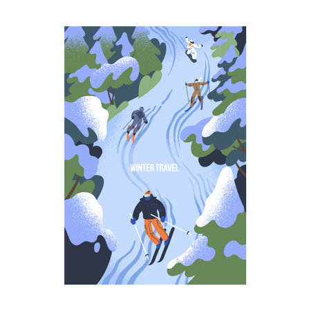 Active people snowboarding, skiing on snow slope, track. Winter tourism in snowy mountains poster. Group of characters does extreme sport, rides on board on alpine hill. Flat vector illustrationのイラスト素材