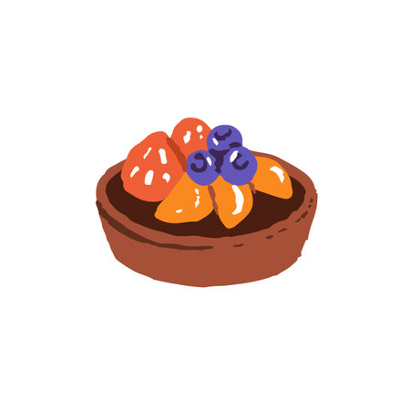 Cute fruit tart for breakfast. Fresh baked dessert with strawberry, blueberry. Pastry, small cake, pie with filling. Bakery icon. Flat isolated hand drawn vector illustration on white backgroundのイラスト素材