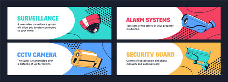 Template of video surveillance systems banners set. Security cameras in pop art style for observation, monitoring. CCTV cams, equipment with lens for outdoors and home safety. Flat vector illustrationのイラスト素材