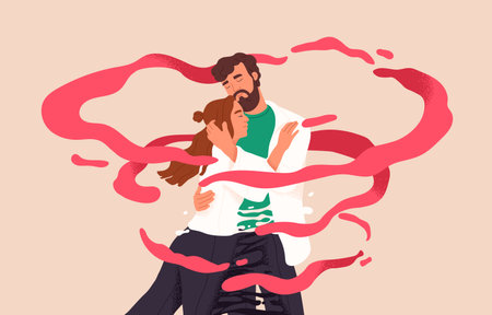 Fall in love couple hugs. Concept of tenderness in romantic relationships. Man and woman embrace to expression feeling. Two enamored lovers, valentines intimate cuddle. Flat vector illustrationのイラスト素材