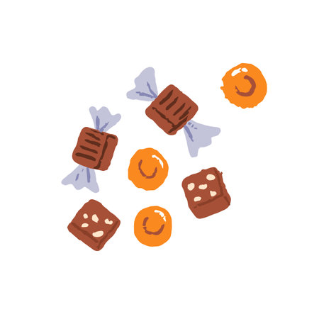 Little milk caramel, lollipops, toffee, butterscotch and chocolate candies in wrapping. Small hard sugar bonbons. Confectionery. Flat isolated hand drawn vector illustration on white backgroundのイラスト素材