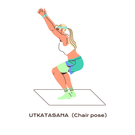 Utkatasana, chair pose tutorial side view. Young woman in sportswear stands in yoga posture. Sportswoman training, practices zen asana, sport exercises. Flat isolated vector illustration on whiteのイラスト素材