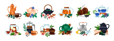 Different types of herbal drinks set. Teapots, cups with various beverages. Teacups, mugs with matcha, black, green, blue, fruit, hibiscus tea. Flat isolated vector illustrations on white backgroundのイラスト素材