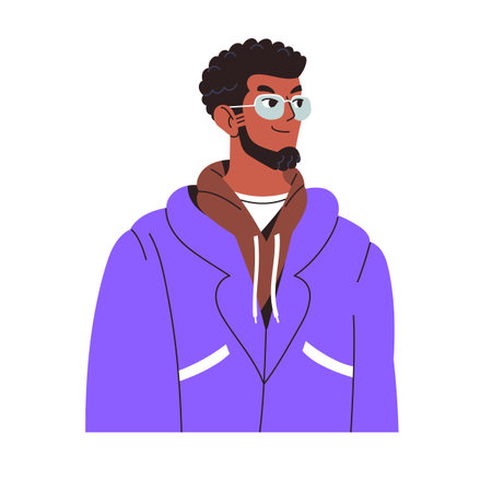 Happy black person with beard avatar. Face of stylish guy with sunglasses for user profile. Positive young African American man smiles portrait. Flat isolated vector illustration on white backgroundのイラスト素材