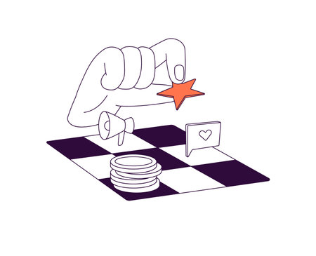 Strategy of business promotion in social media, networks. Concept of internet marketing. SEO service for advertising of digital commerce. Flat isolated outline vector illustration on white backgroundのイラスト素材