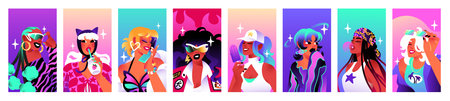 Set of stylish girls avatars. Fashion young women portraits with rectangle shape. Trendy female...