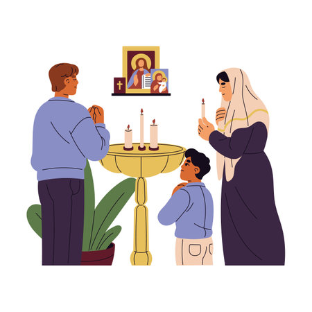 Orthodox religion. Christian family prays in church. Religious parents and kid light candle to icon, recite prayers to God, Jesus. People with belief, faith. Flat isolated vector illustration on whiteのイラスト素材