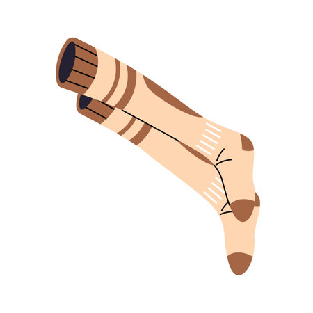 High knee socks icon. Patterned warm hosiery for winter, cold weather. Pair of woolen stocking with stripes, cotton clothes. Accessory for foot. Flat isolated vector illustration on white backgroundのイラスト素材