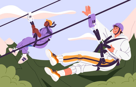 People in helmet climb in rope park with zipline. Excited friends ride on zip line. Characters overcome challenges, walk obstacle course in forest. Summer active recreation. Flat vector illustrationのイラスト素材