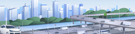 Roadway, cityscape panorama with skyscrapers. Bridge of driveway, highway overpass. Cars, vans, buses drive by road interchange, junction. City infrastructure. Urban traffic. Flat vector illustrationのイラスト素材
