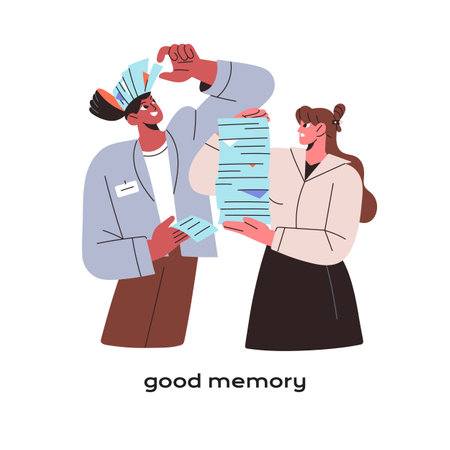 Good memory concept. Employee with excellent skill to remember, ability of holding many data in mind. Office worker holds pile of documents. Flat isolated vector illustration on white backgroundのイラスト素材