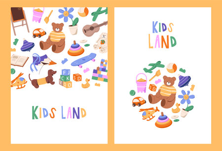 Design of posters with kid toys set. Vertical templates of promotion of shop for babies with border of cute children teddy, balls, books, cars. Kindergarten entertainment. Flat vector illustrationsのイラスト素材