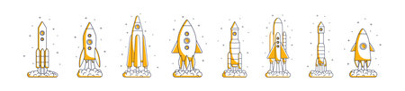 Launch of rockets set. Take off or landing of spacecraft. Start up of shuttles, spaceships in space. Concept of business startup, cosmos travels. Flat isolated outline vector illustrations on whiteのイラスト素材
