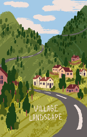 Countryside poster. Green mountain landscape with rural buildings. Village with houses on meadow, field, grass hill. Road, cottages, country nature on summer vacations. Flat vector illustration.のイラスト素材