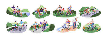 People travel by bike set. Friend have fun, ride bicycle at nature together. Happy family, kids cycling outdoors. Bicyclists drive in park. Flat isolated vector illustrations on white backgroundのイラスト素材