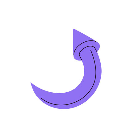 Reversal sign, geometric shape of twist. Purple arrow pointing turn of route. Curved line with cursor showing bending of direction. Signpost, way pointer. Flat isolated vector illustration on whiteのイラスト素材