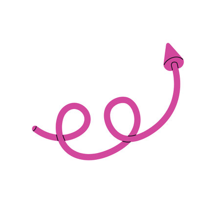 Curve with loops showing route. Arrow with twisted line pointing direction. Cursor indicates path, pointer sign, geometric shape guides way. Flat isolated vector illustration on white backgroundのイラスト素材