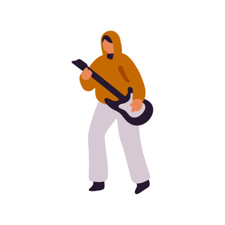 Musician plays electric or bass guitar. Artist performs with string instrument on stage. Musical performer shows talent in concert, performance. Flat isolated vector illustration on white backgroundのイラスト素材