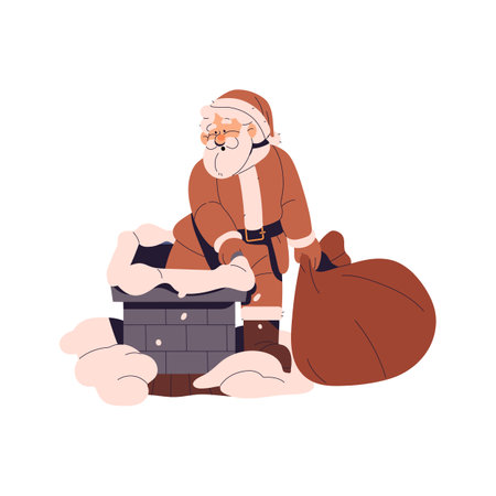 Santa Claus in costume goes down the chimney to deliver Christmas gifts. Old man carries bag of Xmas presents. Winter holiday character on roof. Flat isolated vector illustration on white backgroundのイラスト素材