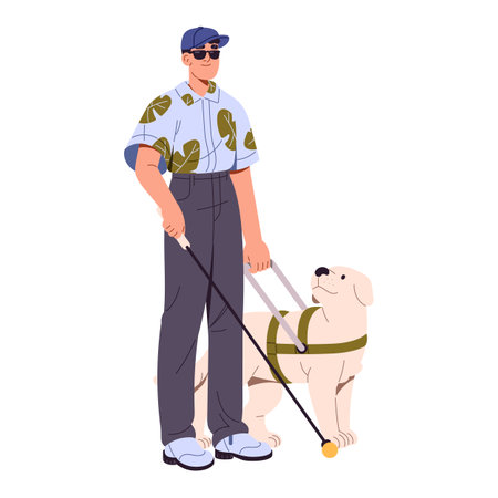 Guide dog leads blind man. Disabled person in sunglasses walks with walking stick. Pet helps character with disability, impaired eyesight. Flat isolated vector illustration on white backgroundのイラスト素材