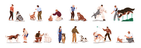 Dogs obedience training set. Trainers teach puppies different agility exercises, commands. Owners play, have fun with their pets, domestic animals outdoor. Flat isolated vector illustrations on whiteのイラスト素材