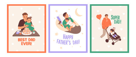 Fathers Day cards set. Dad loves, cares his baby. Happy daddy and kid spends time together. Parent and son, daughter walk with child carriage. Family celebrates holiday. Flat vector illustrationsのイラスト素材