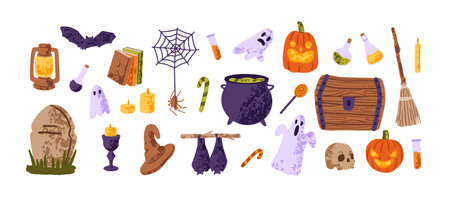 Halloween design elements set. Helloween party decoration: spooky bats, scary ghosts, creepy pumpkins, pointed hat, witch cauldron. Flat isolated hand drawn vector illustrations on white backgroundのイラスト素材