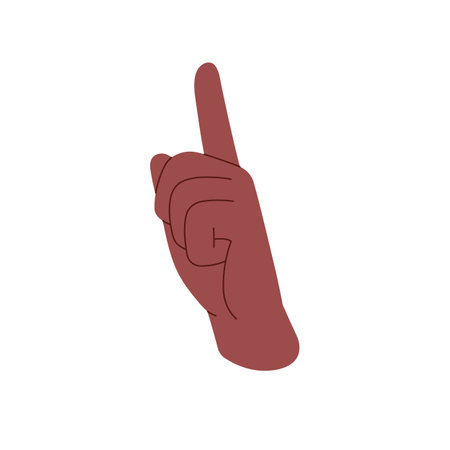 Hand gesture of raised forefinger pointing upward direction. Black index finger showing up. Sign of shush, silence. Nonverbal communication, body language. Flat isolated vector illustration on whiteのイラスト素材