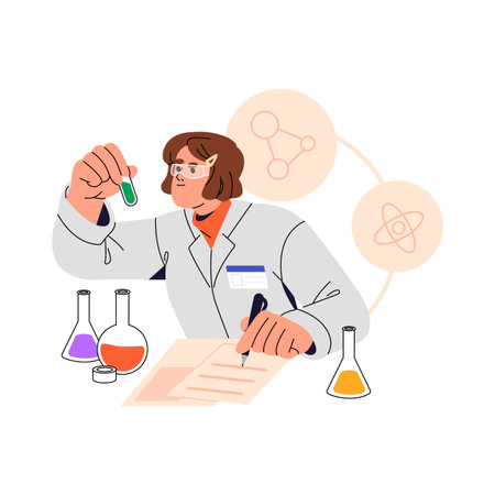 Chemist writes report of chemical experiment. Scientist does analysis in chemistry laboratory. Science researcher holds tube with liquid, takes notes. Flat isolated vector illustration on whiteのイラスト素材