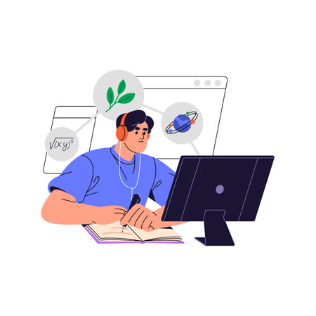 Student listens to online lecture with headphones. Boy studies with computer. Young man learning science, writes in notebook. Remote education. Flat isolated vector illustration on white backgroundのイラスト素材