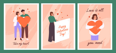 St. Valentine day cards set. Couple shares affection, romantic feelings in relationship. Happy girl gives gift. Person hugs heart with self acceptance. 14 February postcards. Flat vector illustrationsのイラスト素材